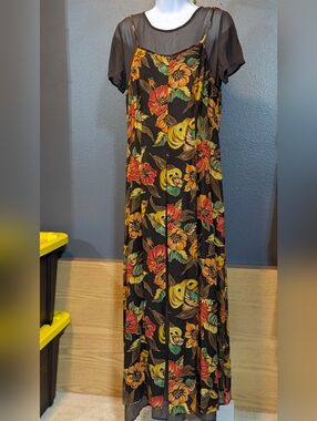 Y2K Vtg RARE 100% Silk Maxi Dress Sheer Overlay Floral Boho Cottagecore